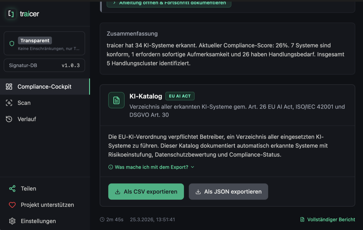 traicer KI-Katalog — Verzeichnis erkannter KI-Systeme mit CSV- und JSON-Export gem. EU AI Act Art. 26