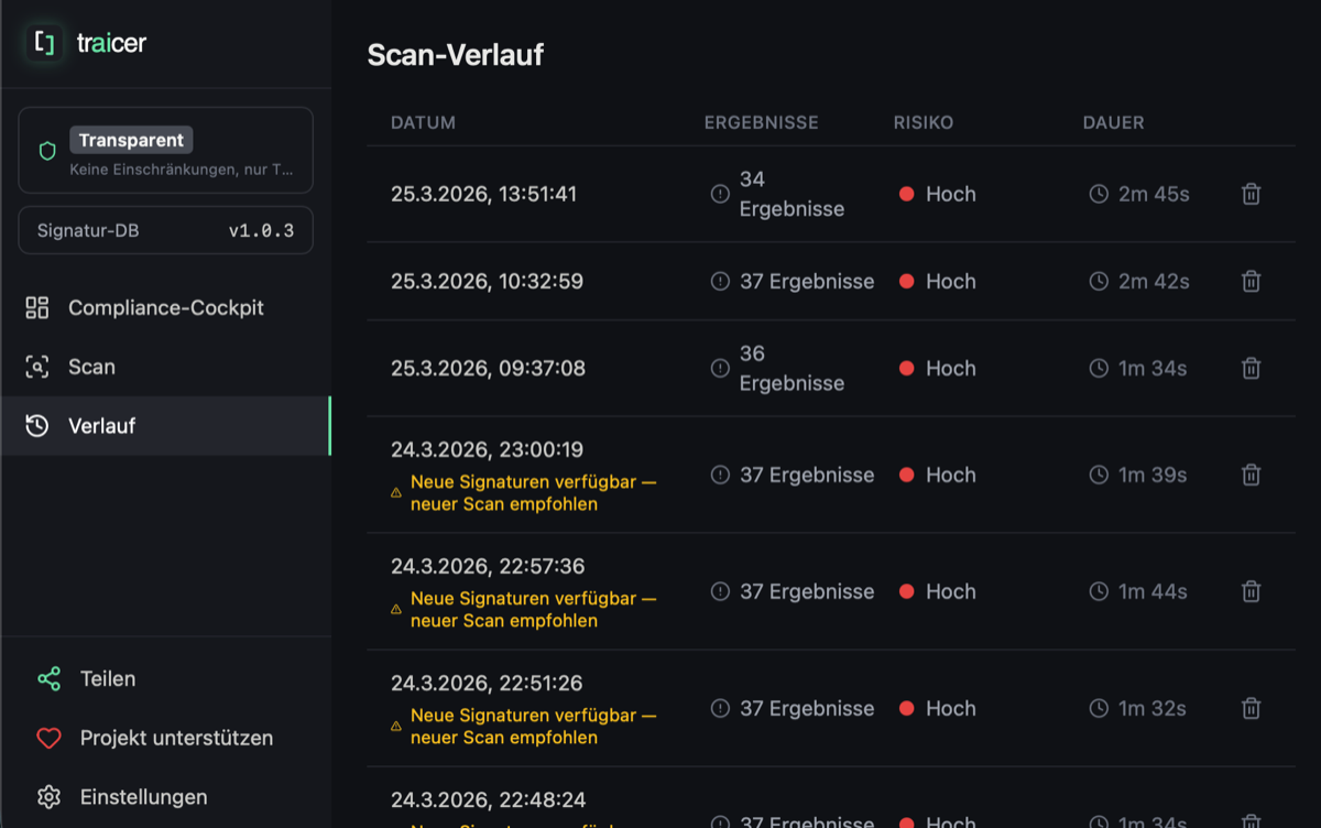 traicer Scan-Verlauf — Ergebnishistorie mit Signatur-Update-Benachrichtigungen