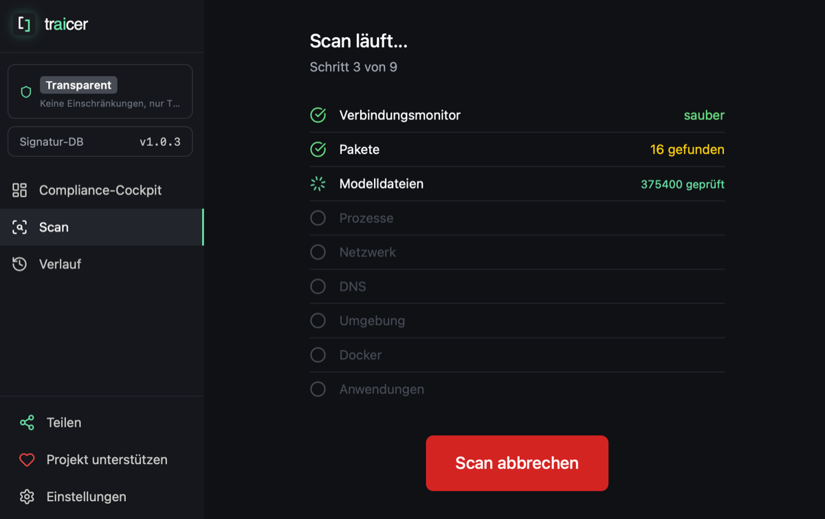 traicer Scan läuft — neun Module prüfen Pakete, Modelle, Prozesse und Netzwerkverbindungen