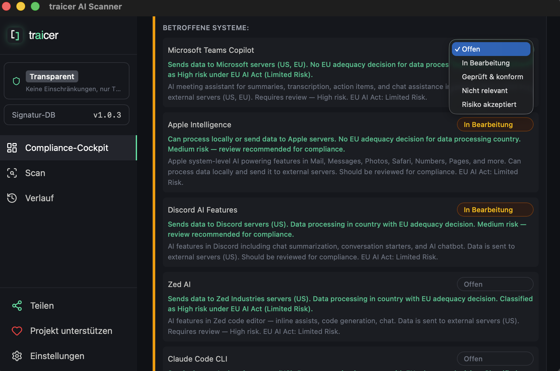 traicer Systemstatus — Einzelne KI-Systeme mit Bearbeitungsstatus und Risikoeinstufung verwalten