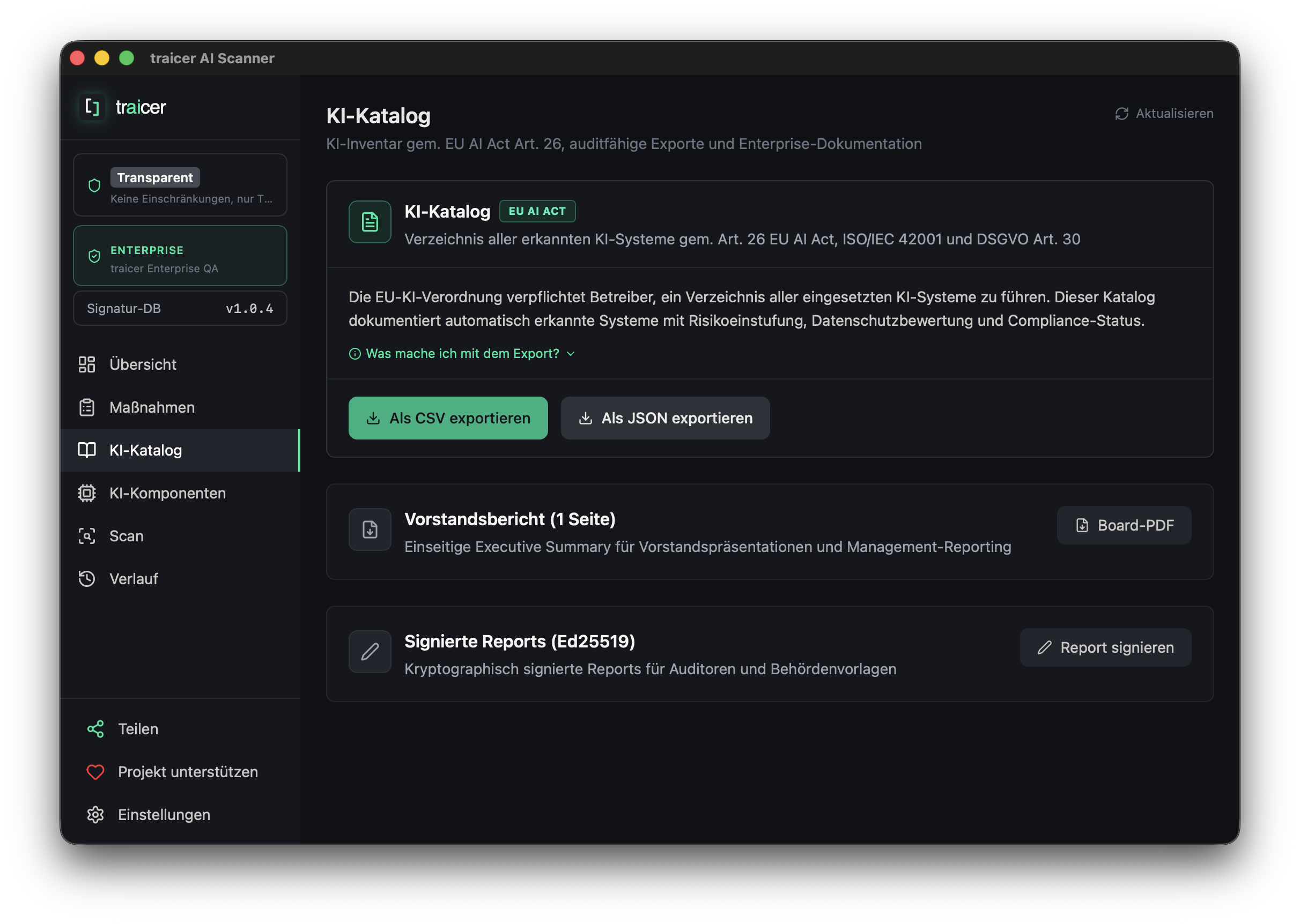 traicer KI-Katalog — Verzeichnis aller erkannten KI-Systeme mit CSV- und JSON-Export gem. Art. 26 EU AI Act