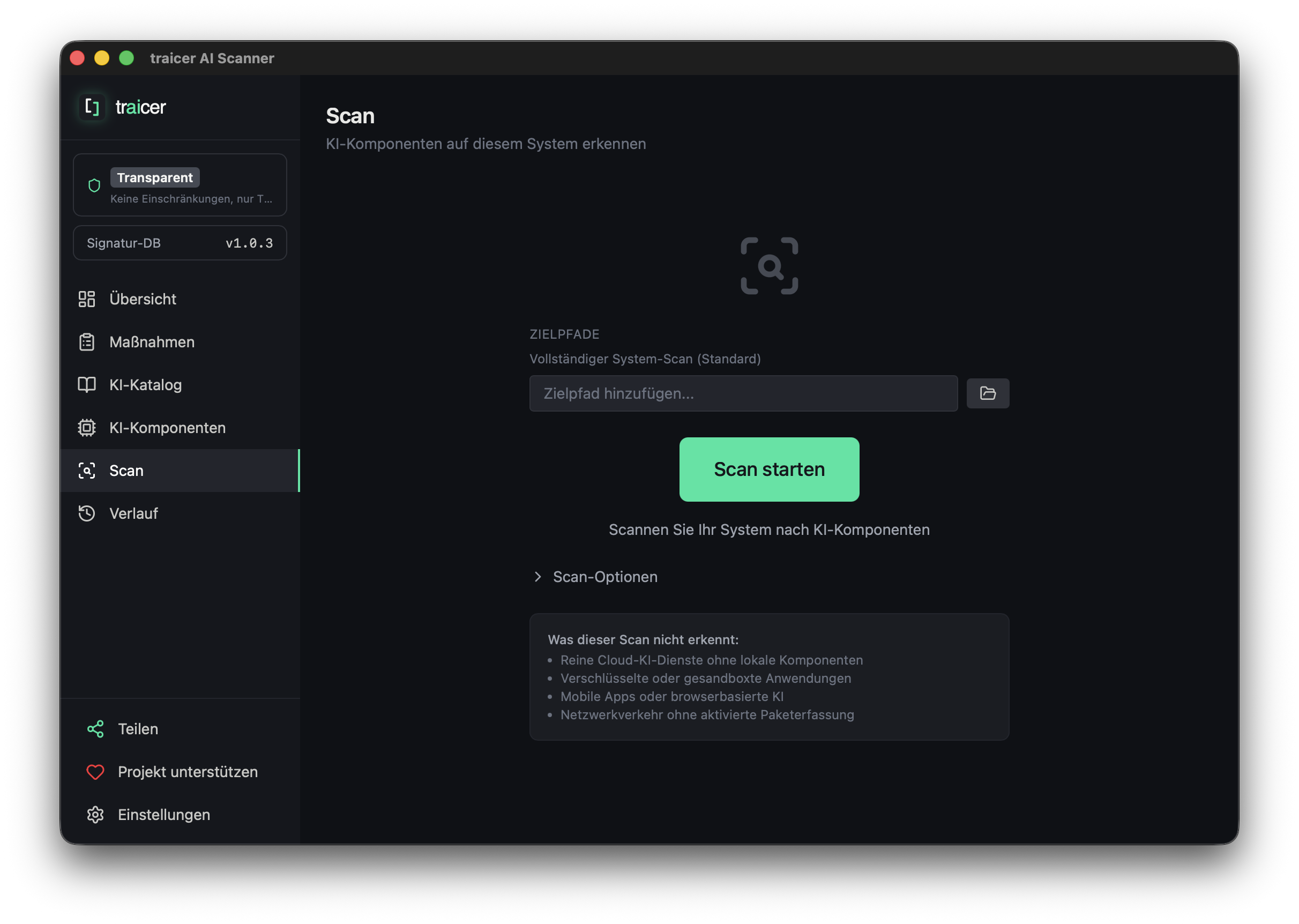 traicer Scan starten — Zielpfade und Scan-Optionen konfigurieren