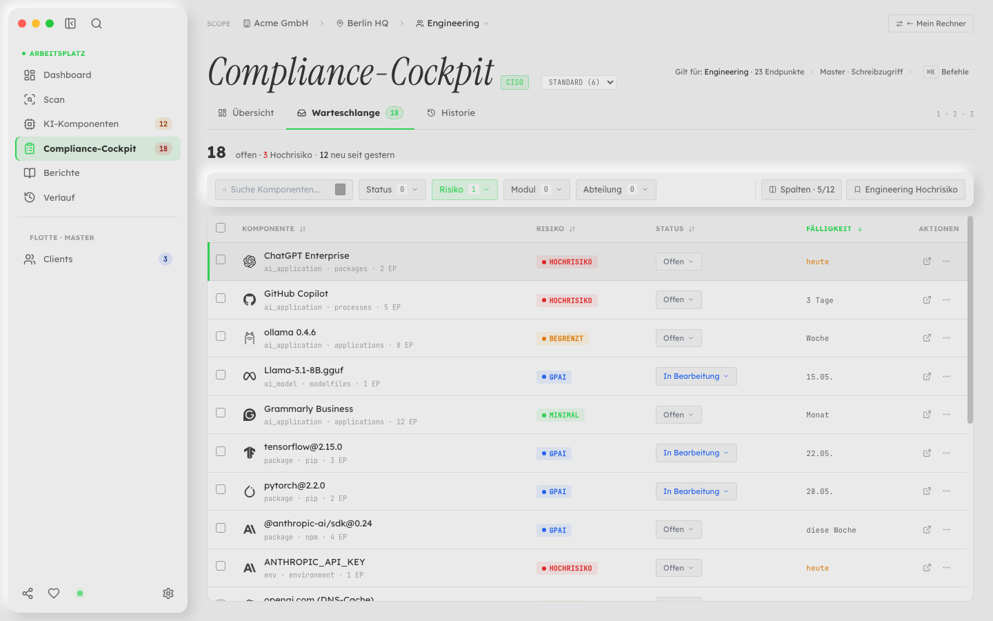traicer Compliance-Cockpit — KI-Komponenten nach Risiko und Fälligkeit